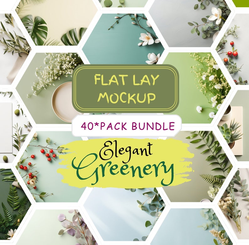 May include: A collage of 40 flat lay mockups featuring elegant greenery, including eucalyptus, ferns, and white flowers. The mockups are arranged in a honeycomb pattern and are perfect for showcasing products or branding.