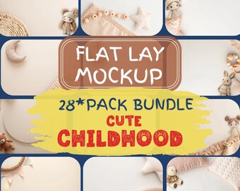 Cute Childhood Table Flat Lay Mockup, boho neutral nursery, Styled Stock Photo, Background Bundle, Kids product mockup, baby mockup bundle