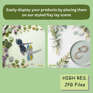May include: Two dragonfly brooches, one blue and one yellow, on a white background with green leaves. A pair of gold hoop earrings on a white plate with green leaves.
