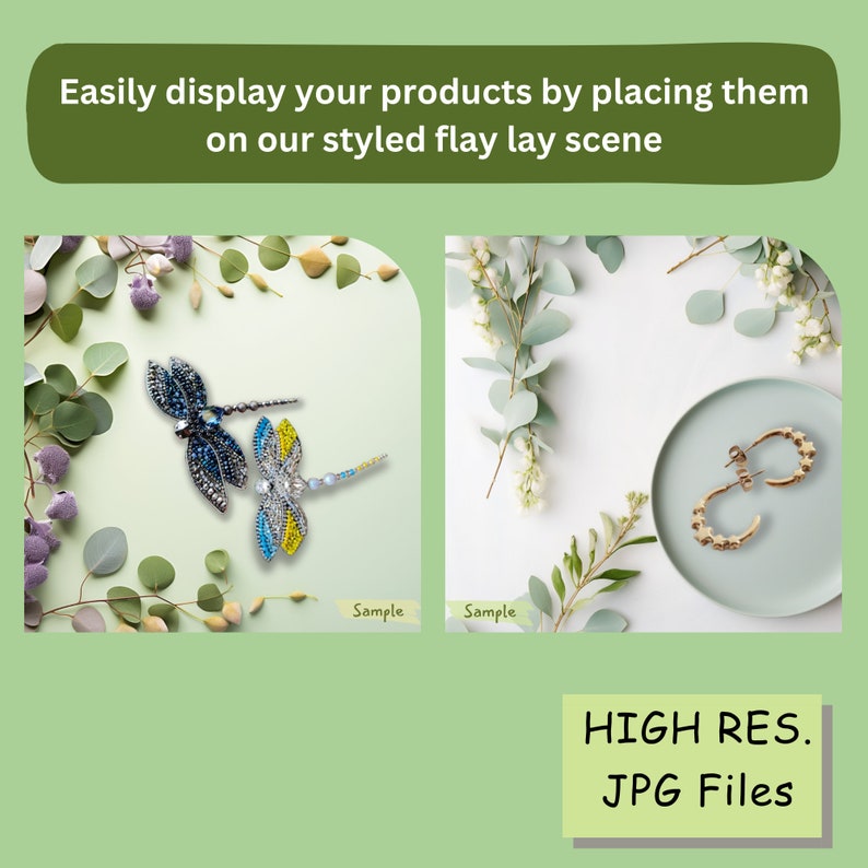 May include: Two dragonfly brooches, one blue and one yellow, on a white background with green leaves. A pair of gold hoop earrings on a white plate with green leaves.