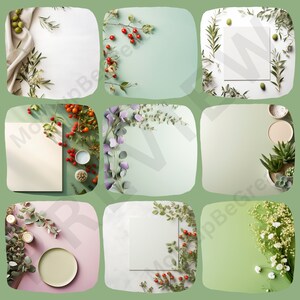 May include: A collage of nine images featuring different green, white, and pink backgrounds with various floral and plant arrangements. Each image includes a blank white card or paper, perfect for adding text or images.