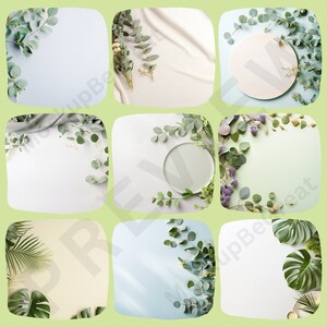 May include: Nine different background images featuring various green foliage and white or light blue surfaces. Some images include a round plate or circle.
