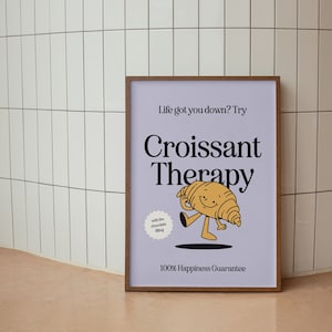 Arte de pared imprimible de terapia de croissant, arte de dibujos animados retro de moda, cartel púrpura, arte de la comida, arte de la pared del café, decoración de la cocina, cartel de salud mental