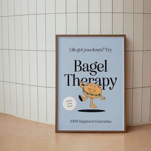 Afdrukbare muurkunst bageltherapie, trendy retro cartoonprint, keukenmuurkunst, cafédecor, coffeeshop muurkunst, poster geestelijke gezondheid, poster geestelijke gezondheid