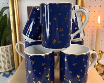 Vintage Set of 7 Galaxy by Sakura Mugs 14k Gold Stars on Cobalt Blue/ Celestial Mugs / Celestial Stars Mug Set
