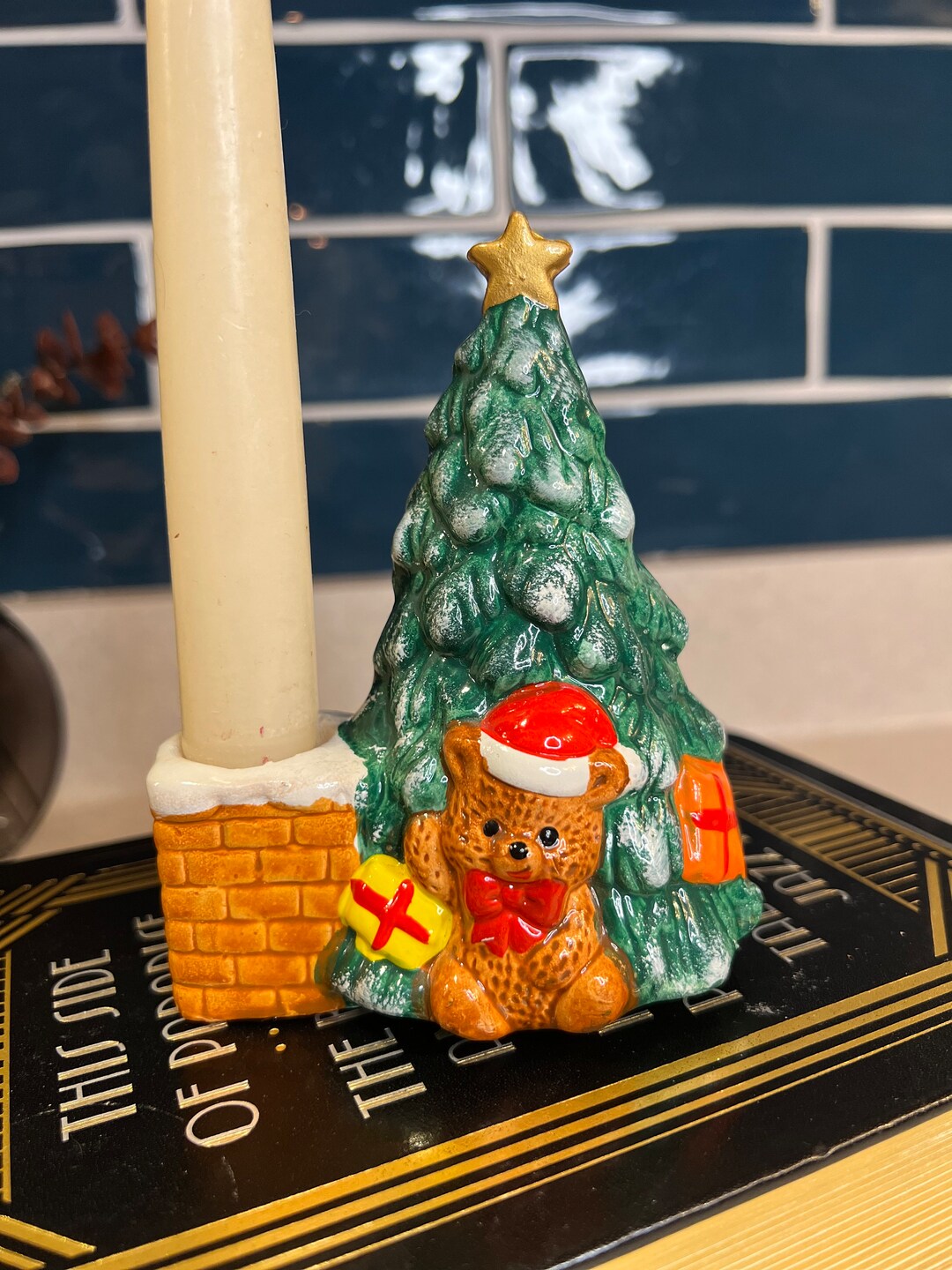 Vintage Christmas Ceramic Tree and Teddy Bear Candle Holder Etsy
