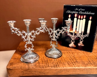Vintage Mini Silverplate Candelabras / Set of 2 / Ornate 3 Arm Candle Holders / Victorian Style Silver Decor / Original Box