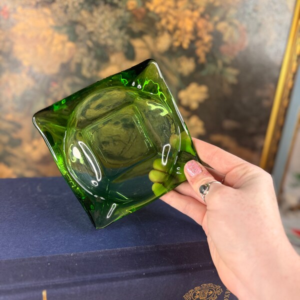 Vintage Green Glass Square Ashtray