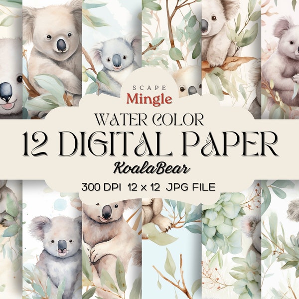 12 Koala Bear Watercolor Digital Paper, Seamless Pattern, Koala digital paper, Koala Patterns, Commercial Use, Instant Download, 300 DPI