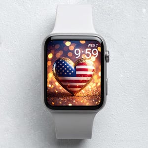 Sfondo con bandiera americana a forma di cuore per Apple Watch: grazioso design patriottico glitterato per donne, download del quadrante scintillante per smartwatch