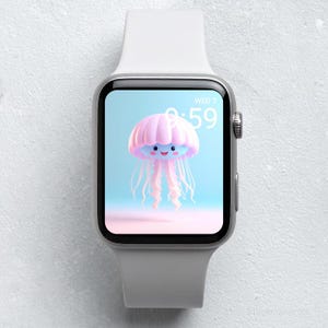 Kawaii Qualle Apple Watch Wallpaper - Süßer 3D Cartoon im Pastell Ozean, lächelndes Gesicht, Digital Art Hintergrund, sanfte Blau- und Rosa-Ästhetik