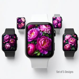 Sfondo di lusso Peony per Apple Watch: quadrante floreale magenta intenso e prugna, elegante estetica scura, sfondo audace per smartwatch da scaricare