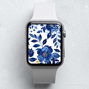 Sfondo per Apple Watch: elegante acquerello floreale blu con accenti dorati, quadrante botanico sofisticato per smartwatch da scaricare