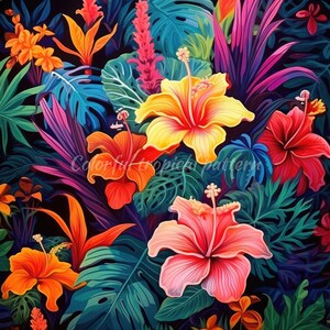 May include: A vibrant, colourful tropical pattern featuring large hibiscus flowers in shades of yellow, orange, and red, surrounded by lush green and blue foliage. The text "Colorful tropical pattern" is visible in the image.