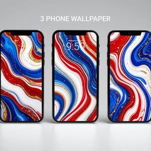 American Marble Phone Wallpaper Set of 3 – Red, White & Blue Swirl with Gold Glitter, Luxury Abstract Background for iPhone and Android
