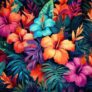 May include: A vibrant, seamless pattern featuring a lush tropical floral design. The image showcases large hibiscus flowers in shades of orange, pink, and turquoise, set against a backdrop of deep green foliage. The text "colorful tropical paradise" is visible.