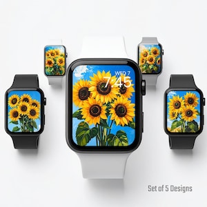 Sfondo Girasole per Apple Watch: Bouquet giallo brillante su cielo azzurro, Gioiosa pennellata floreale, Scarica il quadrante energico dello smartwatch