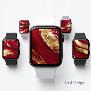 Sfondo per Apple Watch con pennellate color cremisi e oro – Quadrante astratto per smartwatch di lusso, download di arte digitale di alta qualità