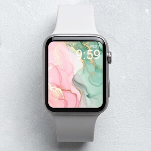 Sfondo astratto pastello per Apple Watch: acquerello morbido in rosa, verde e oro, download del quadrante elegante e minimale per smartwatch