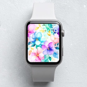 Sfondo floreale arcobaleno per Apple Watch: elegante quadrante botanico ad acquerello con accenti dorati su sfondo pastello, download per smartwatch digitale