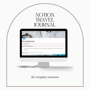 May include: A computer screen displaying a Notion Travel Journal template. The screen shows a list of travel destinations, grouped by city. The template is designed to help users plan and organize their travel experiences.