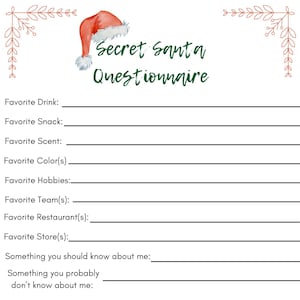 Secret Santa Questionnaire Editable Secret Santa Question Instant ...