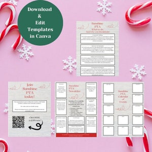 May include: Three printable templates for a school PTA newsletter, calendar of events, and a join today flyer. The templates feature a festive red and white snowflake design on a pink background. The text on the templates reads "Sunshine PTA Newsletter", "Sunshine PTA Calendar of Events", and "Join Sunshine PTA Today!"