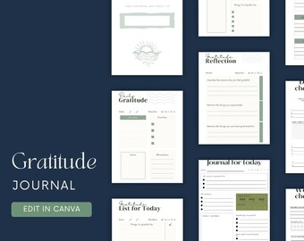 May include: A printable gratitude journal with pages for daily reflection, a gratitude list, and a daily check-in. The journal has a green and white color scheme with a simple, modern design.