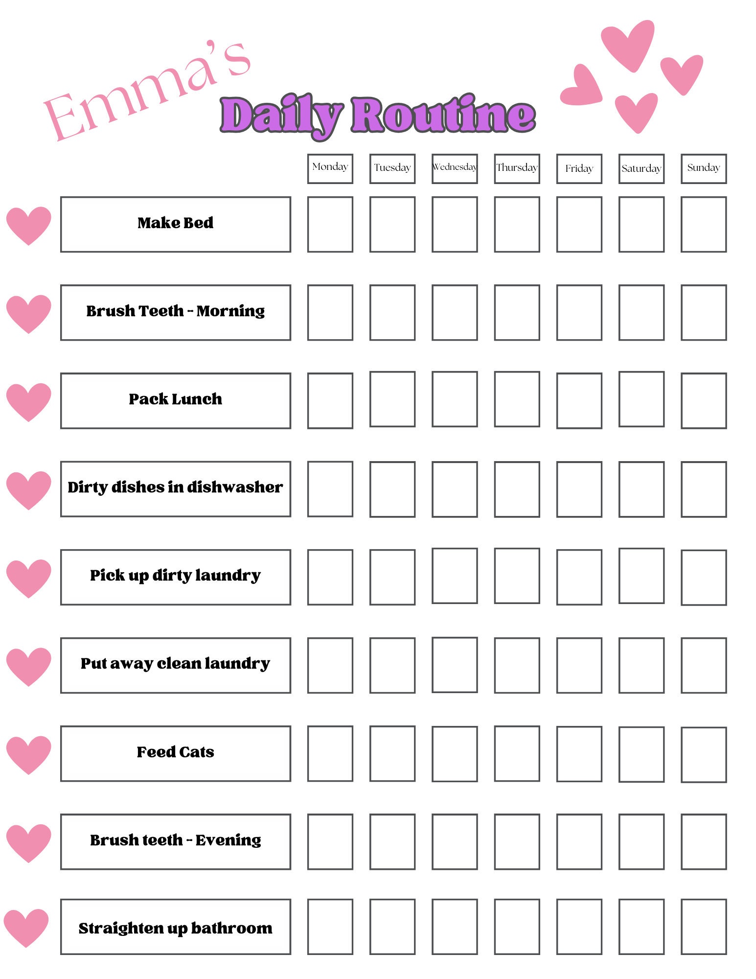 Editable Kids Daily Routine Chart - Printable Girl's Schedule Template ...