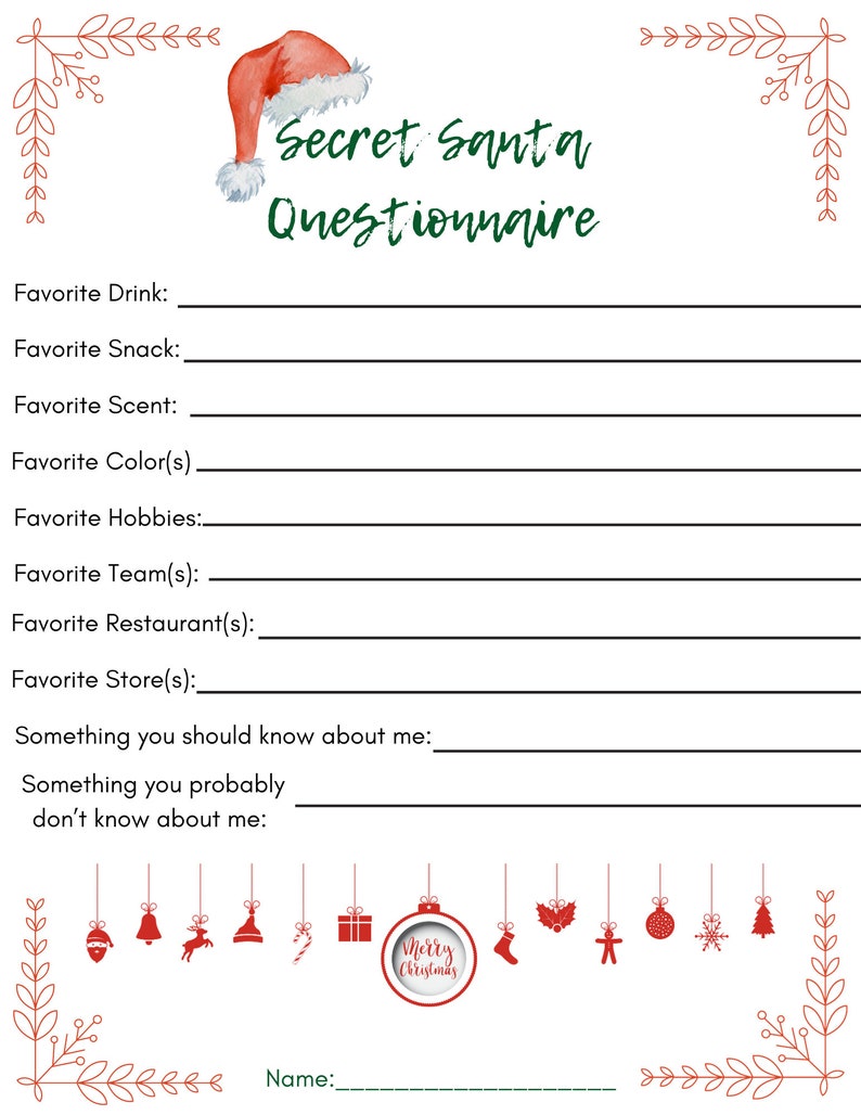Secret Santa Questionnaire, Editable, Printable and Fully Customizable ...