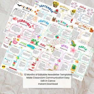 Könnte beinhalten: Zwölf bunte monatliche Newsletter-Vorlagen für Lehrer. Jede Vorlage zeigt ein anderes Monatsthema mit Illustrationen und Platz für Text. Der Text unten lautet "12 Monate editierbarer Newsletter-Vorlagen Einfache Kommunikation im Klassenzimmer In Canva bearbeiten Sofortiger Download".
