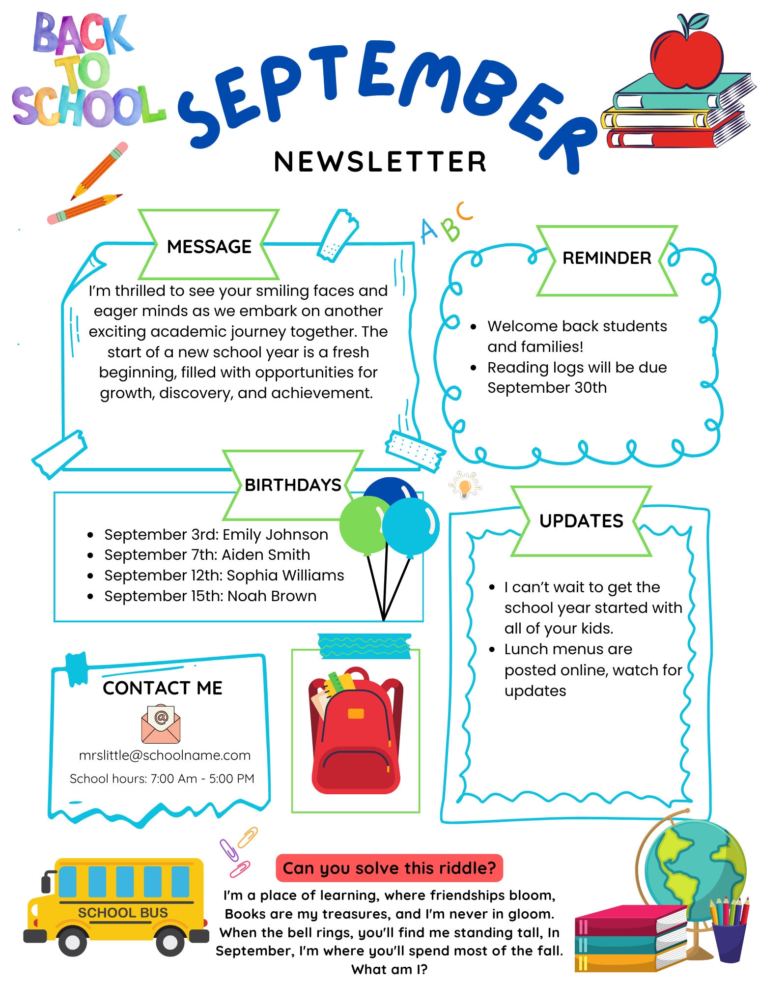 Newsletter Flyer.pdf September Newsletter Editable Flyer Template, School Newsletter ...