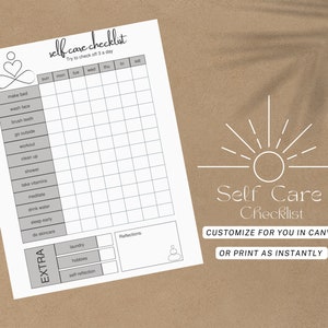 May include: Printable self-care checklist with a daily schedule for making your bed, washing your face, brushing your teeth, going outside, working out, cleaning up, showering, taking vitamins, meditating, drinking water, sleeping early, doing skincare, laundry, hobbies, and self-reflection. The checklist has a simple design with a sun and a stylized person in a yoga pose.