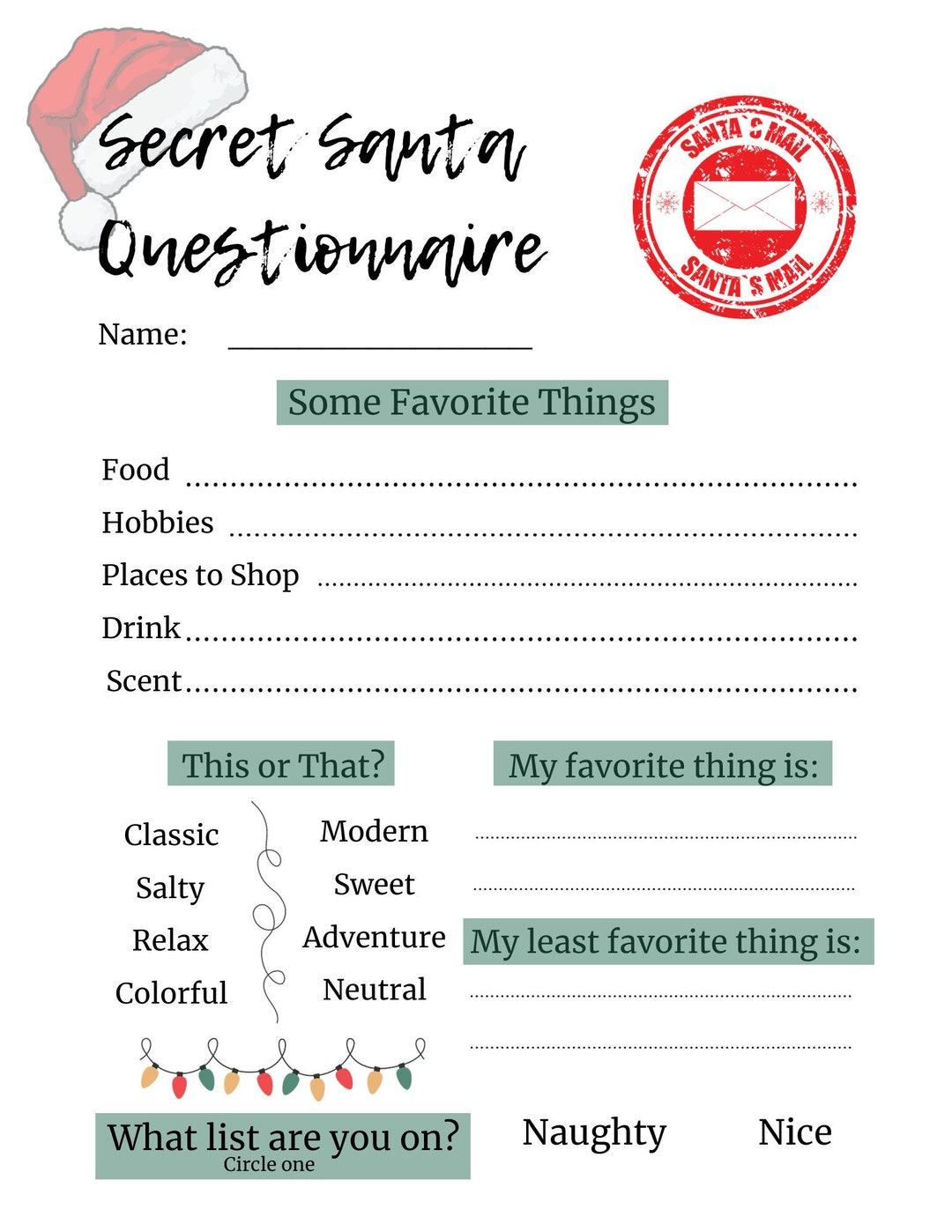 Questionnaire for Secret Santa Holiday Activity Printable Secret Santa ...