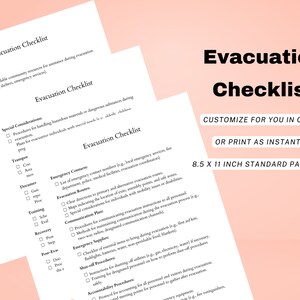 Puede incluir: Hojas de papel blanco con el título "Evacuation Checklist". La lista de verificación incluye secciones para recursos comunitarios, asistencia legal, consideraciones especiales y suministros de emergencia. También se ve el texto "Customize for You in Canva" y "8.5 x 11 inch standard paper size".