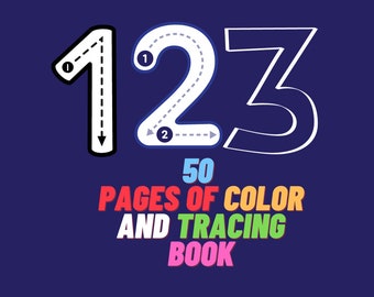 May include: A tracing book with the numbers 1, 2, and 3 in white on a blue background. The numbers have dashed lines to help children trace them. The text "50 PAGES OF COLOR AND TRACING BOOK" is below the numbers in rainbow colors.