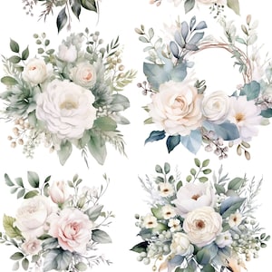 Aquarell Blumen Schönheiten, Clipart Bundle, weiße Rosensträuße, Hochzeitseinladung Design-Elemente, PNG Grafiken, Blumenkranz, DIY Projekt