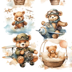Bear in Airplane PNG, Watercolor Teddy Bear Clipart, Cute Nursery Decor, Baby Shower Graphics, Digital Download