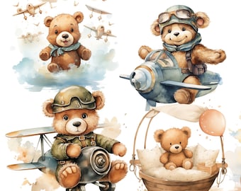 Watercolor Teddy Bear Clipart, Airplane Theme, Nursery Decor (Digital Download)