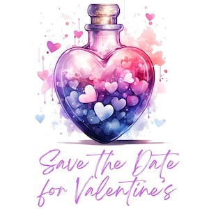 Zestaw clipartów akwarelowych pastelowych eliksirów miłosnych 15, butelki z romantycznymi miksturami w formacie PNG na Walentynki, fantasy, Wicca, czary, aptekę