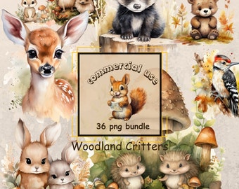 Woodland Animals Clipart Bundle - Watercolor - Transparent PNGs - Fox Bear Deer Hedgehog for Nursery Decor