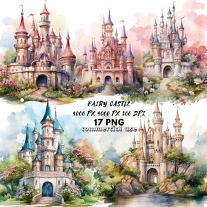 Castle PNG Bundle Fairy Pink Princess & Magic Watercolor Castle Clipart, Fairytale Fantasy Graphics for Princess Birthday Invitations