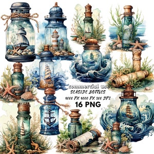 Clipart bottiglia di mare / Clipart nautico. Clipart dell'oceano. ClipArt di mare / Decorazione da parete nautica / Clipart oceano / Barca a vela Png / Download istantaneo