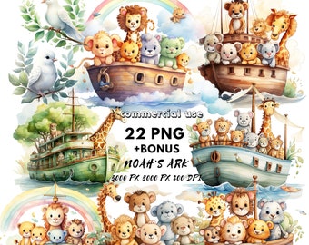 Könnte beinhalten: Ein Set mit 22 digitalen Illustrationen, die eine Arche Noah mit verschiedenen Tieren zeigen, darunter Löwen, Giraffen, Elefanten und Affen. Die Arche ist im Aquarellstil mit einem Regenbogen im Hintergrund dargestellt.