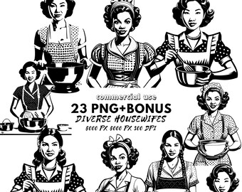 Hausfrau Diverse Vintage Frauen | 60S 50S |Retro Verschiedene Rassen Woman | 1950er Jahre Atomic | Kommerzielle Nutzung | Retro Frauen PNG Bundle Sublimation
