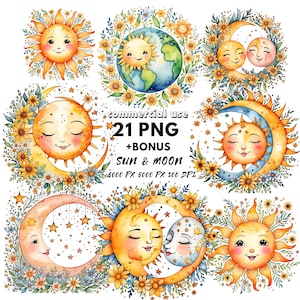 Stelle e luna Png / Design sublimatico stampabile / Pacchetto clipart spazio acquerello / Png Sole / Luna Download istantaneo
