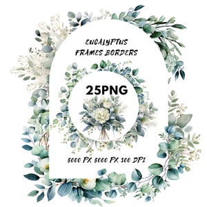 Cadres de verdure aquarelle feuillage Eucalyptus clipart bundle bordure d'eucalyptus ensemencé bouquet couronne PNG verdure mariage feuillage vert