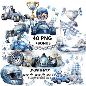 Autista di auto da corsa acquerello / Clipart di automobili / Uso commerciale / Auto per neonati / Auto ad acquerello / Compleanno del ragazzo / Arte dell'asilo nido / Digitale