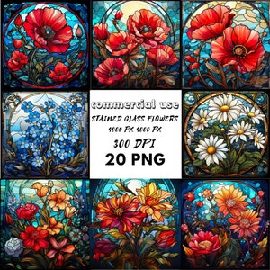 Pavot Daisy ne m'oublie pas Clipart style vitrail Floral vitrail Png Bundle fleurs sauvages mariage Clipart