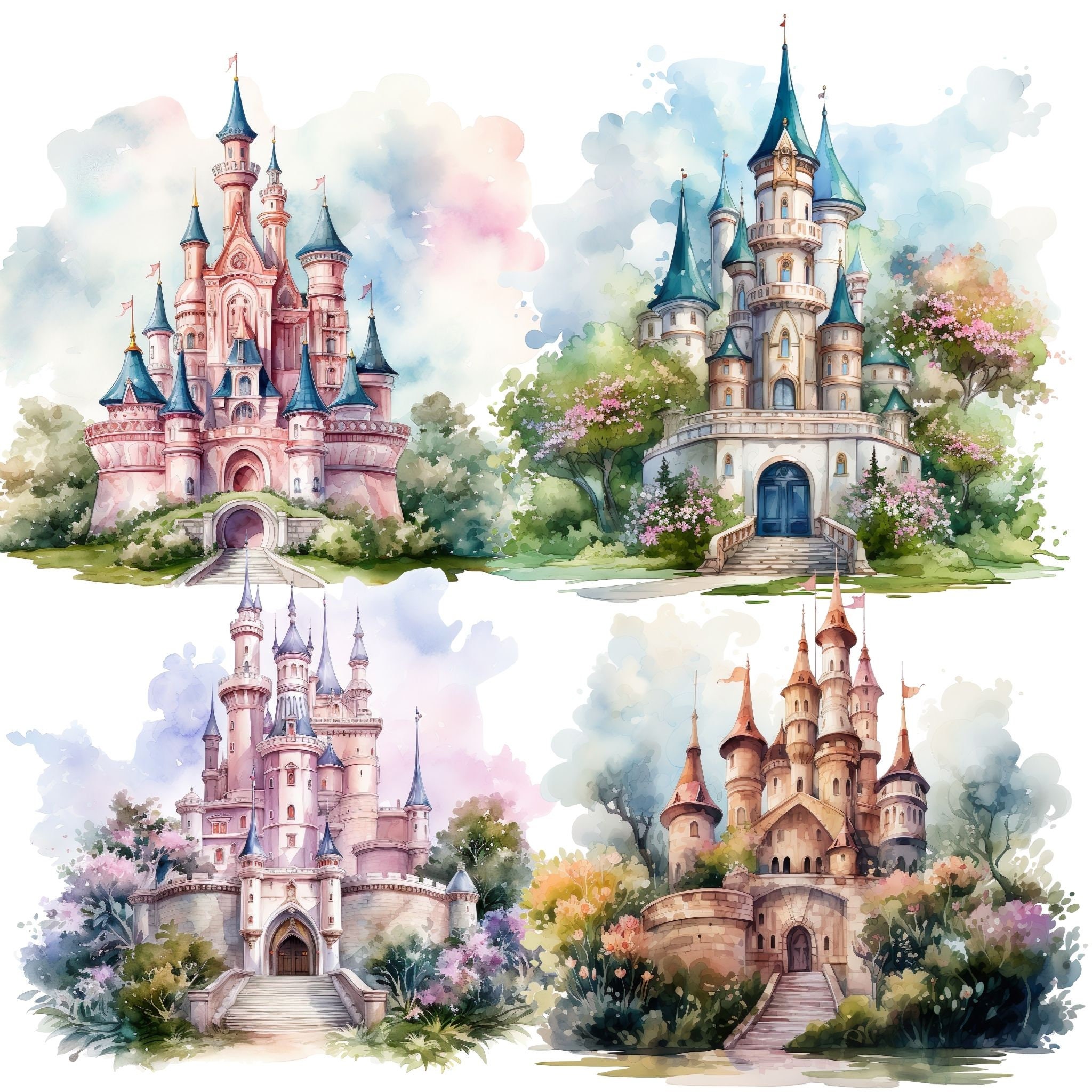 Castle PNG Bundle Fairy Pink Princess & Magic Watercolor Castle Clipart ...